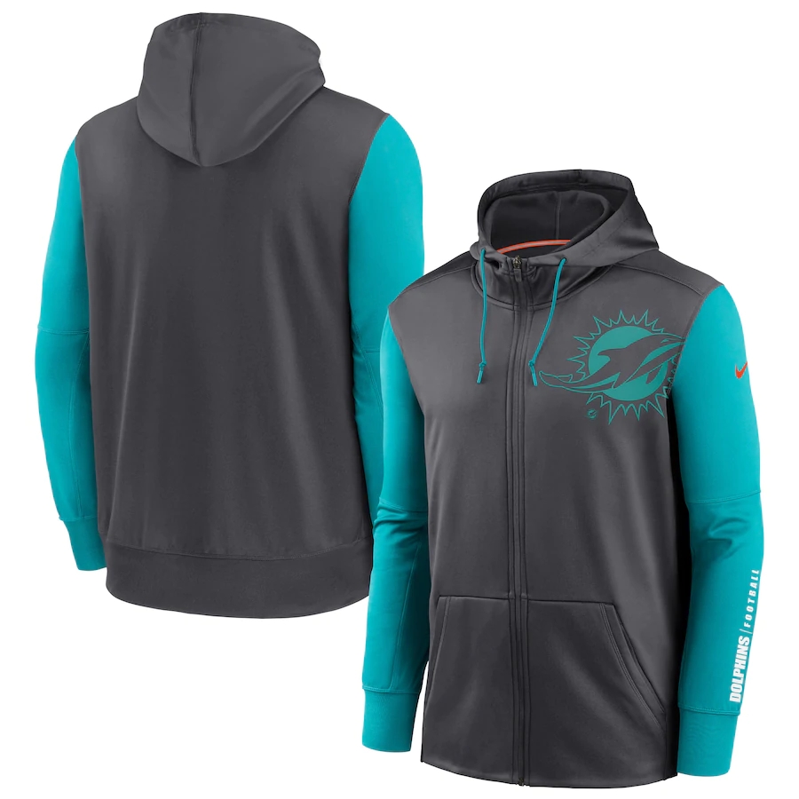 NFL Nike Miami Dolphins Charcoal Aqua Fan Gear Mascot Performance FullZip Hoodie